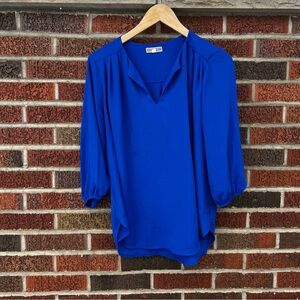 Pleione Royal Blue V Neck Chiffon Long Sleeve Peasant Top Blouse Top